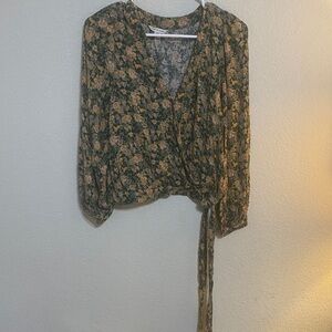 American Eagle Outfitters Olive Green Floral Wrap Blouse